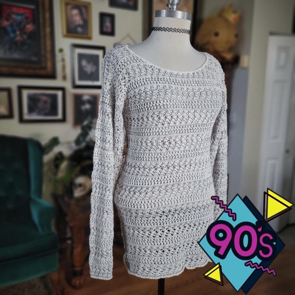 Mondala Crochet Knit Sweater Dress Vintage 90s Boho Long Sleeve Women's Cream